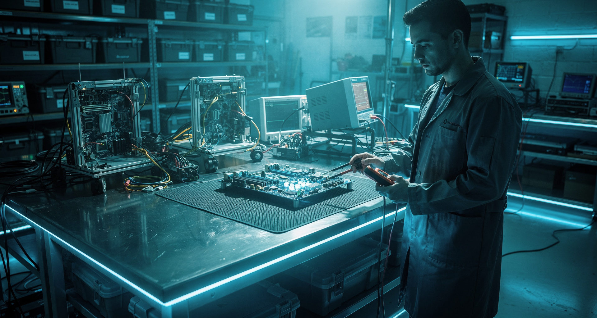 Technician measuring voltage drop across GPU surface-mount components with precision multimeter probes