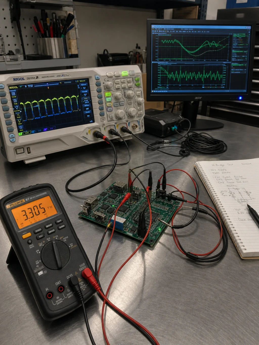 Engineering workbench with disassembled computer case, oscilloscope, and calibrated repair tools